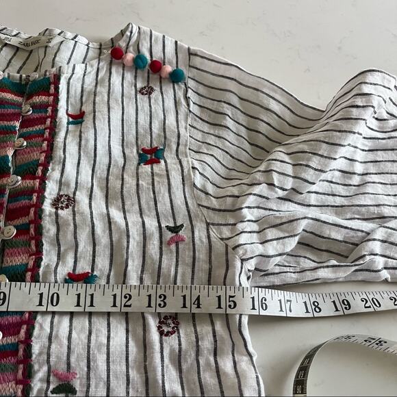 Zara Embroidered Linen Pompom Peplum Top Striped Boho 3/4 Sleeves Sz S - Picture 7 of 11